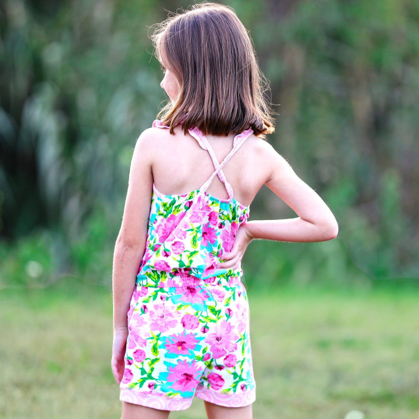 Ann Loren Girls Pink Floral Shorts Jumpsuit Romper