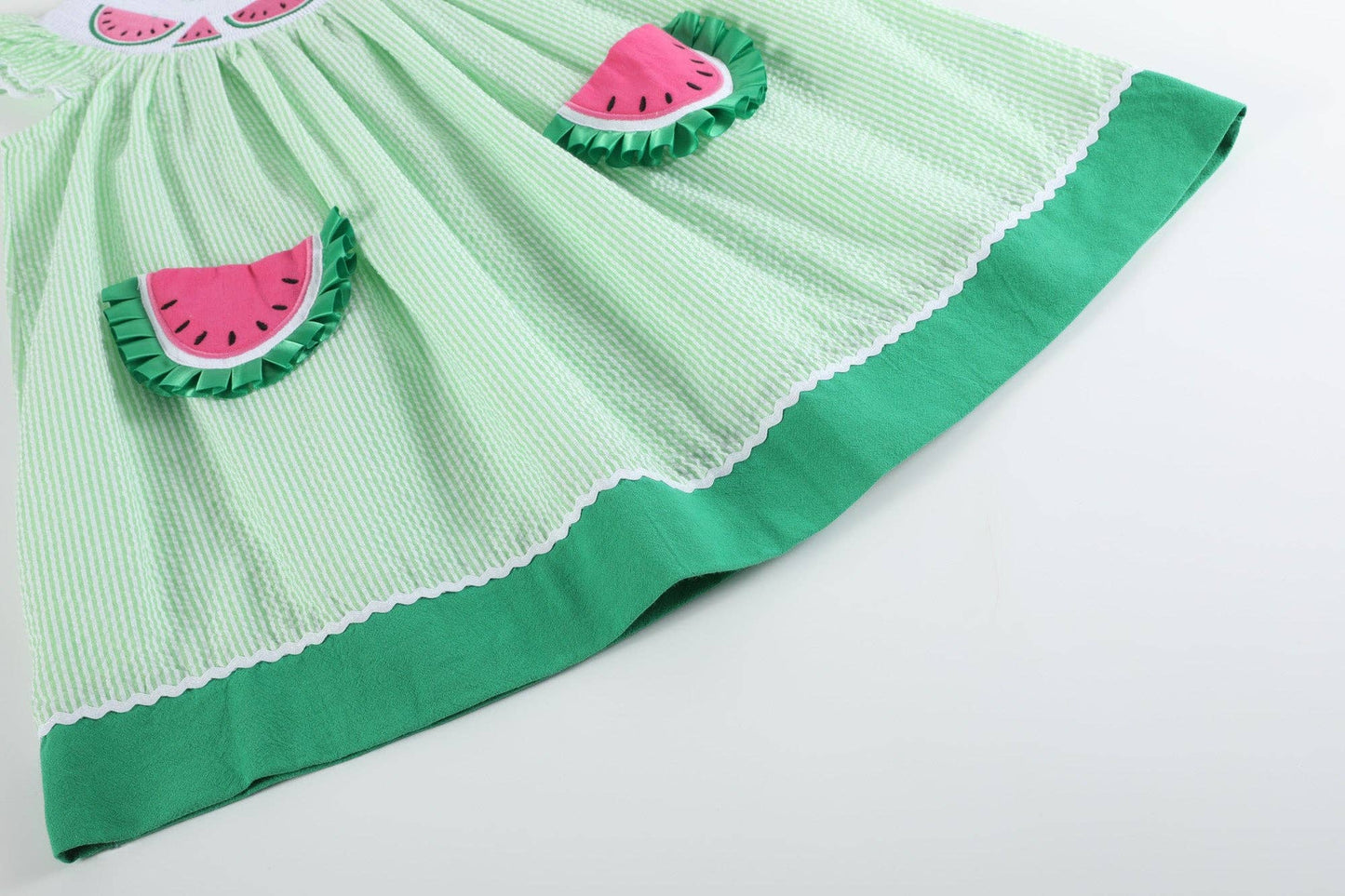 Lil Cactus Green Seersucker Watermelon Smocked Bishop Dress