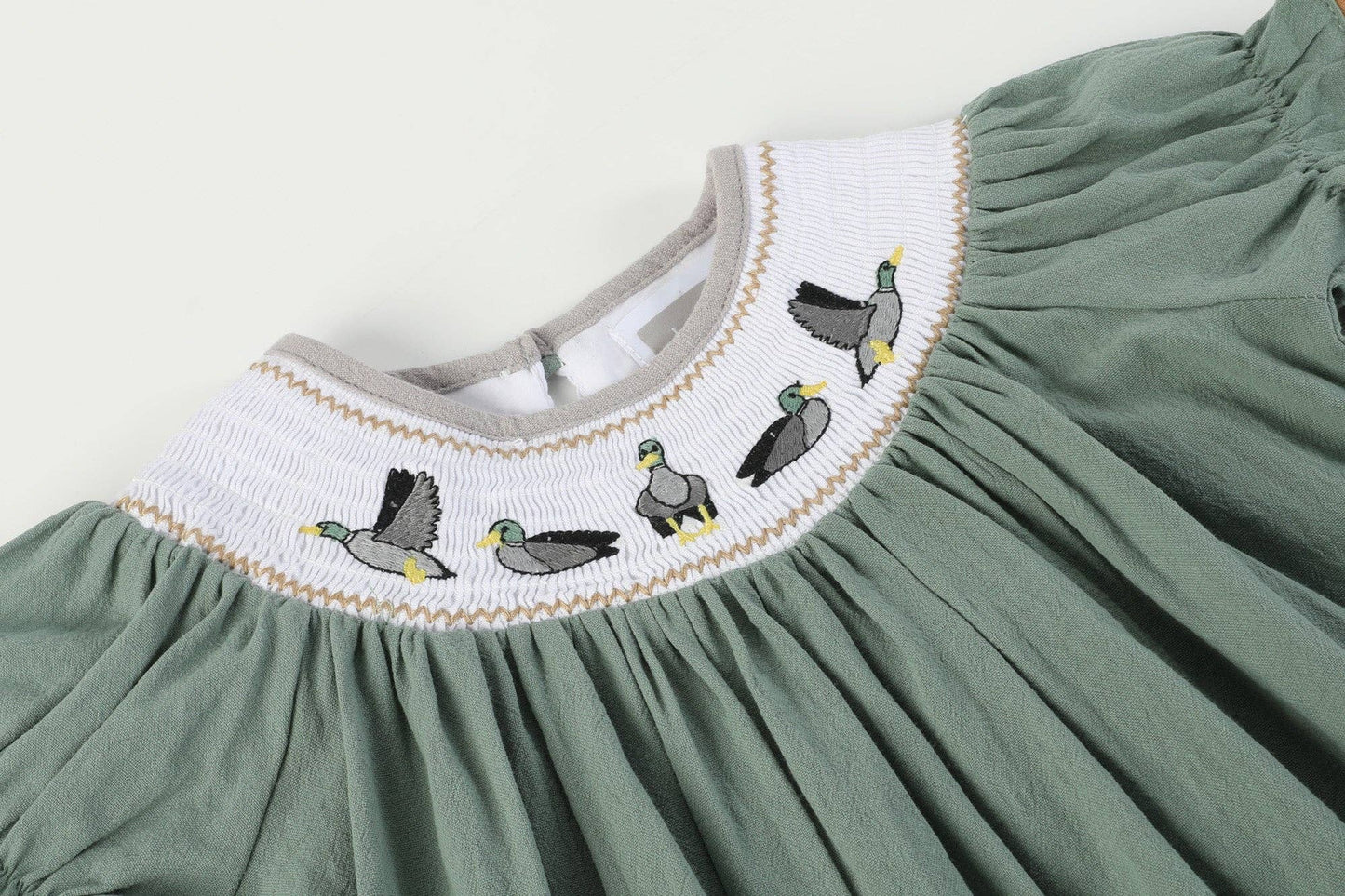 Little Cactus Sage Green Mallard Smocked Bishop Dress