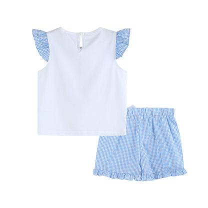 Girls Light Blue Gingham Golf Tee and Shorts 2pc Set