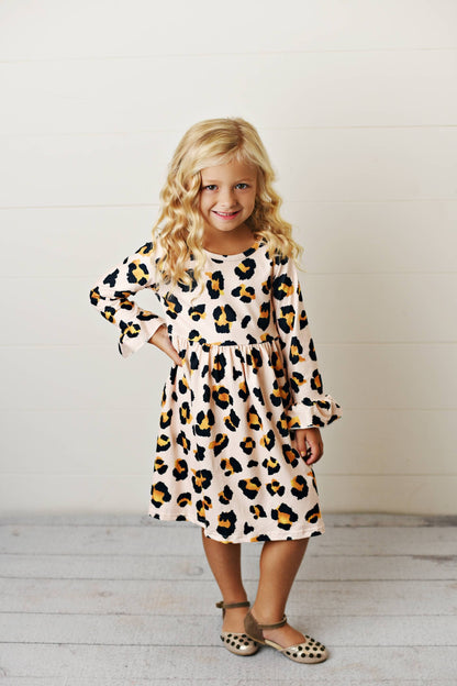 Kids Claire Pink Leopard Print Fall Twirl Dress