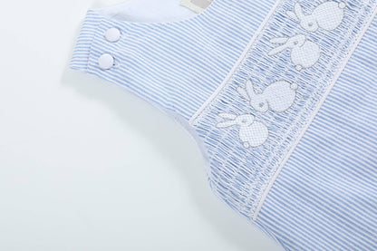 Lil Cactus Light Blue Seersucker Bunny Smocked Shortalls