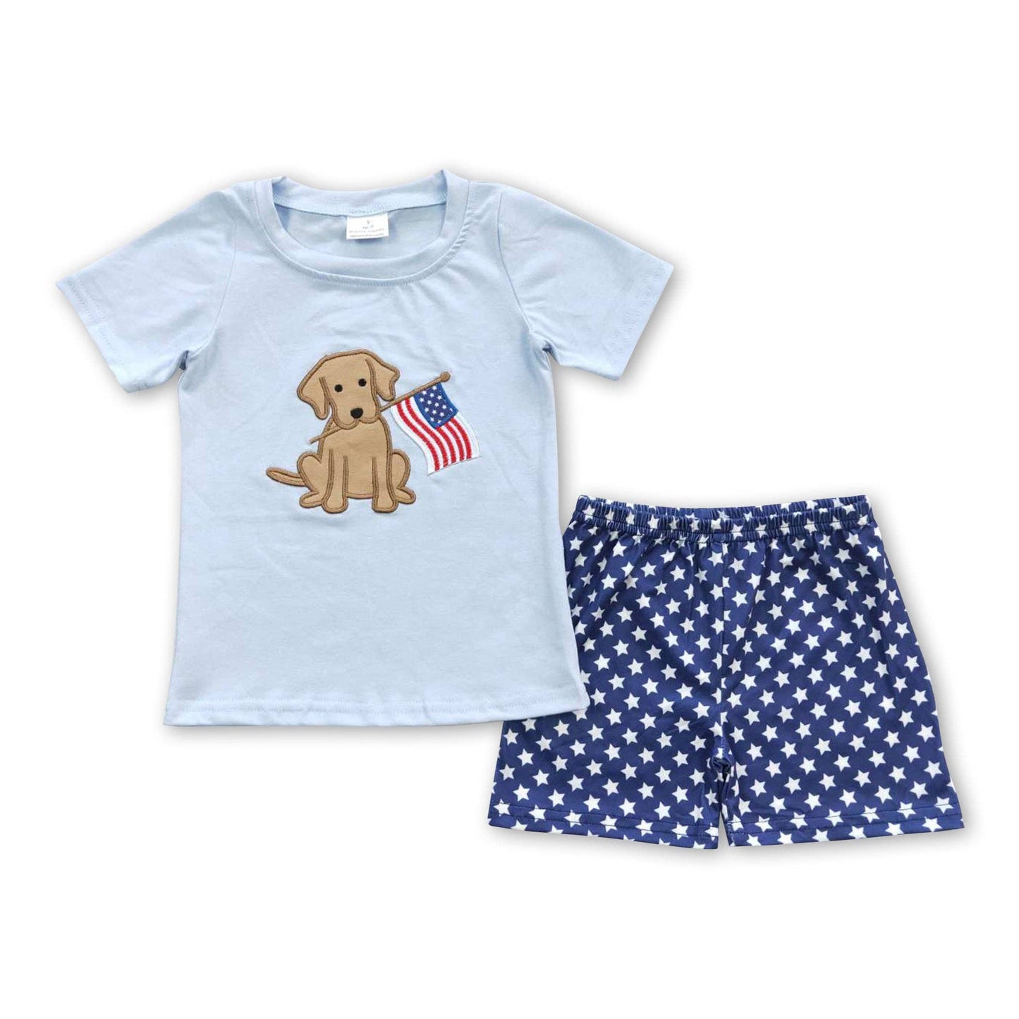 Dog flag embroidery shirt stars shorts boy 4th of july outfi