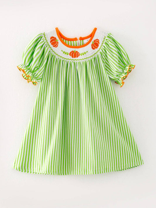 Halloween Pumpkin Smocking Embroidered Striped Dress