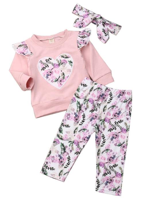 Floral Heart Pink 3pcs Baby Girl Outfit