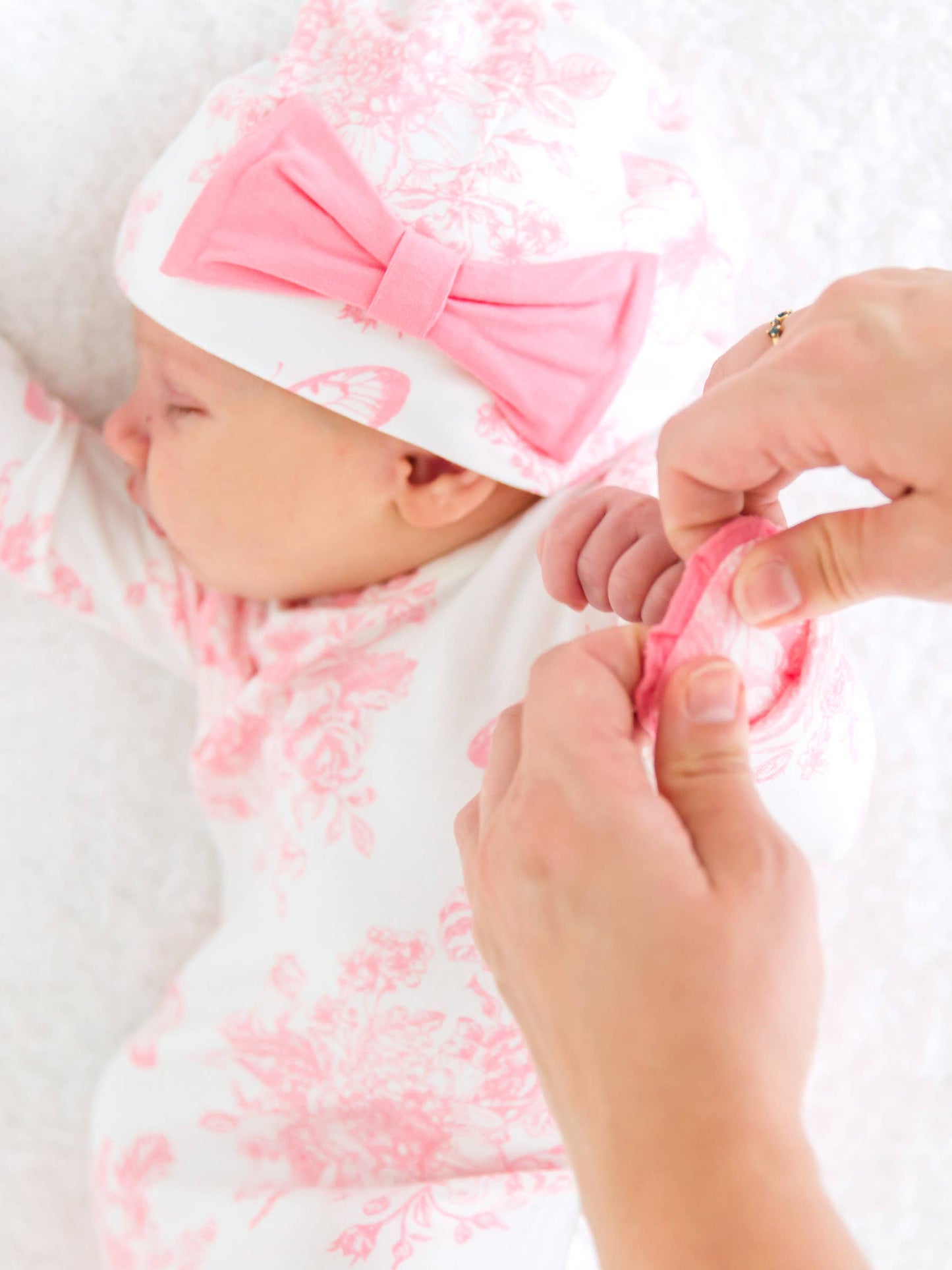 Baby Girls Pink Butterfly Garden Toile Bamboo Viscose Knotted Ruffle Gown & Hat Set