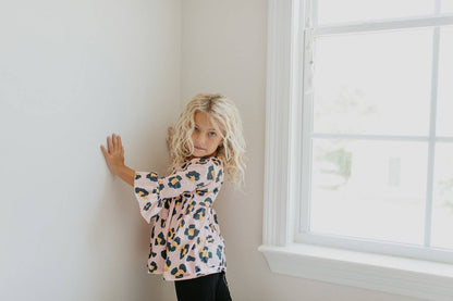 Kids Fall Winter Pink Leopard Ruffle Sleeve Shirt Blouse