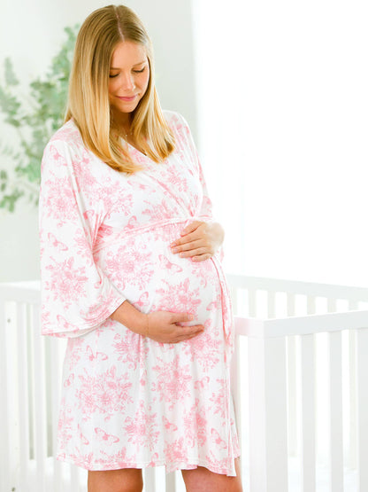 Women's Pink Butterfly Garden Toile Bamboo Viscose Mommy & Me Maternity Robe