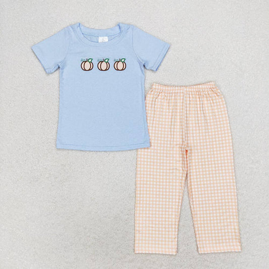 Baby Blue & Light Orange Embroidered Pumpkin Boys Outfit Set