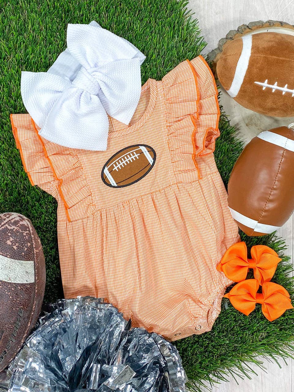 Orange Classic Gingham Football Girls Onesie