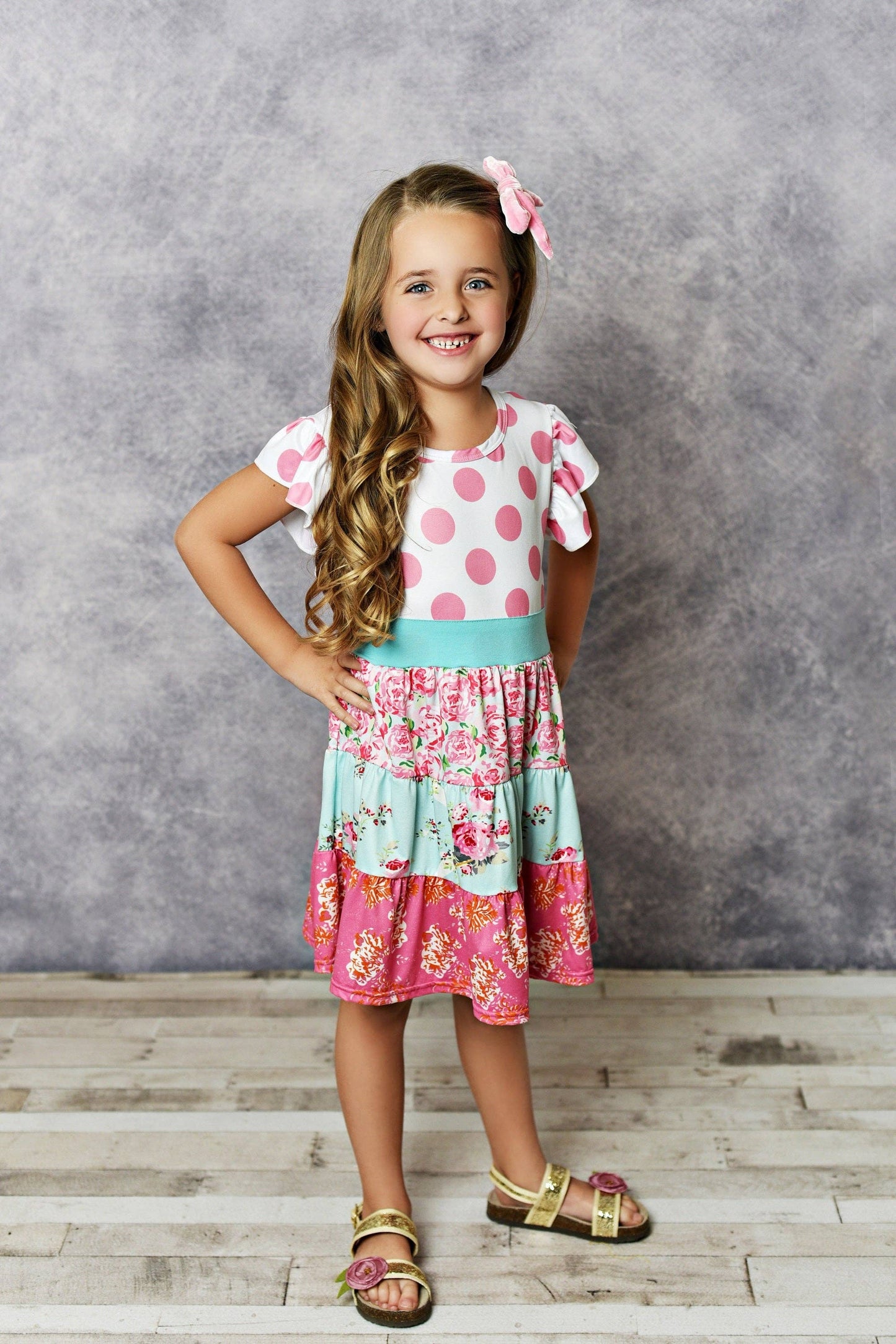 adorable sweetness Kids Pink & Blue Polka Dot Tiered Spring Easter Summer Dress