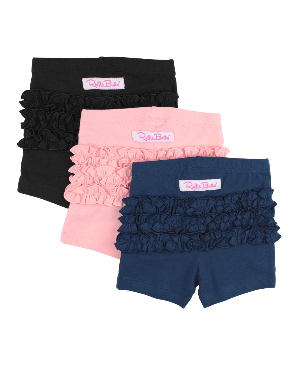 Ruffle Butts Black, Pink & Dark Navy Baby 3-Pack Knit Playground Shorts