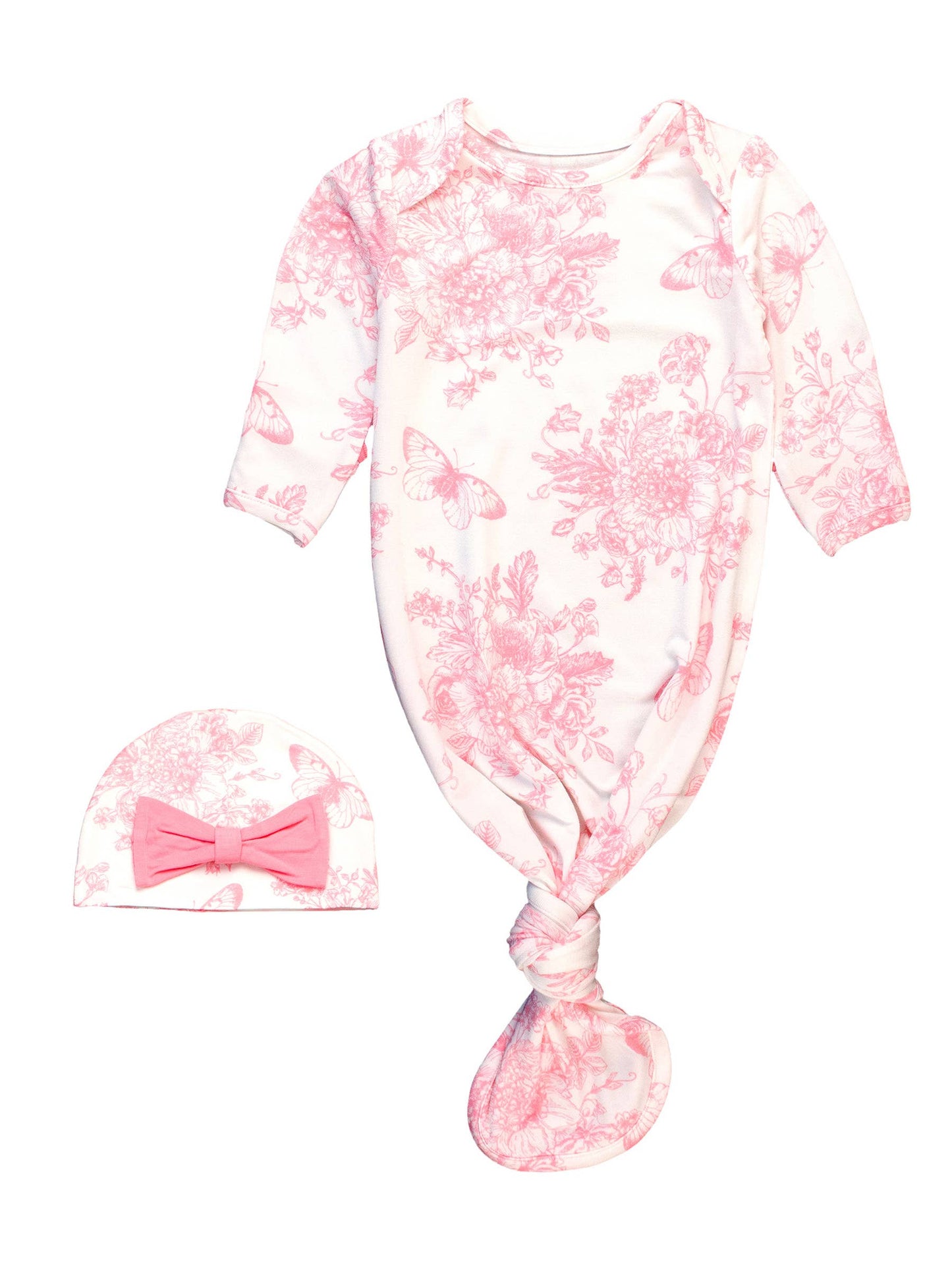 Baby Girls Pink Butterfly Garden Toile Bamboo Viscose Knotted Ruffle Gown & Hat Set