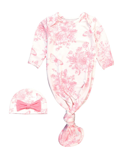 Baby Girls Pink Butterfly Garden Toile Bamboo Viscose Knotted Ruffle Gown & Hat Set