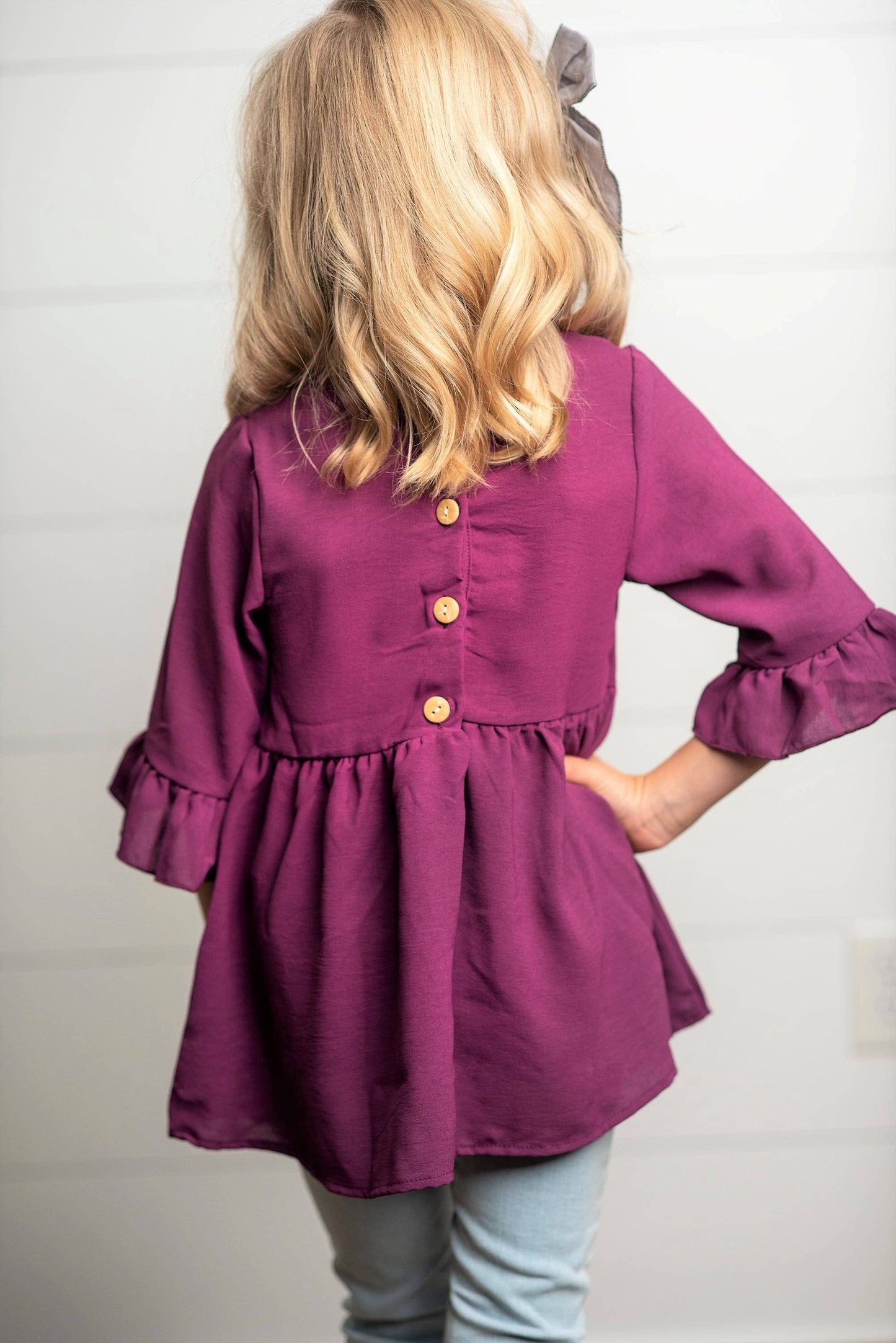 Adorable Sweetness Kids Wine Ruffle Long Sleeve Shirt with buttons