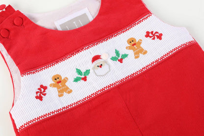 Red Corduroy Christmas Smocked Overalls