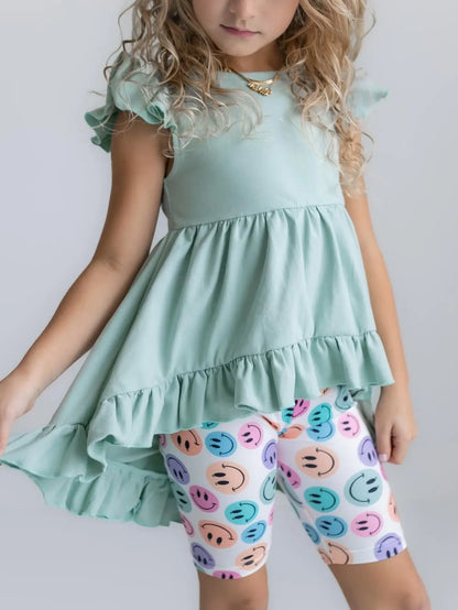 Adorable Sweetness Kids Mint Green Smiley Face Hi Lo Spring Summer Short Set