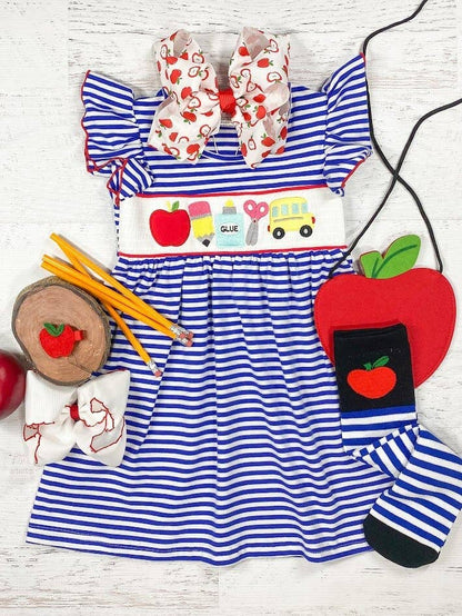 School Supplies Blue Striped Dress