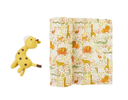 Mudpie Safari Cotton Muslin Swaddle with Rattle