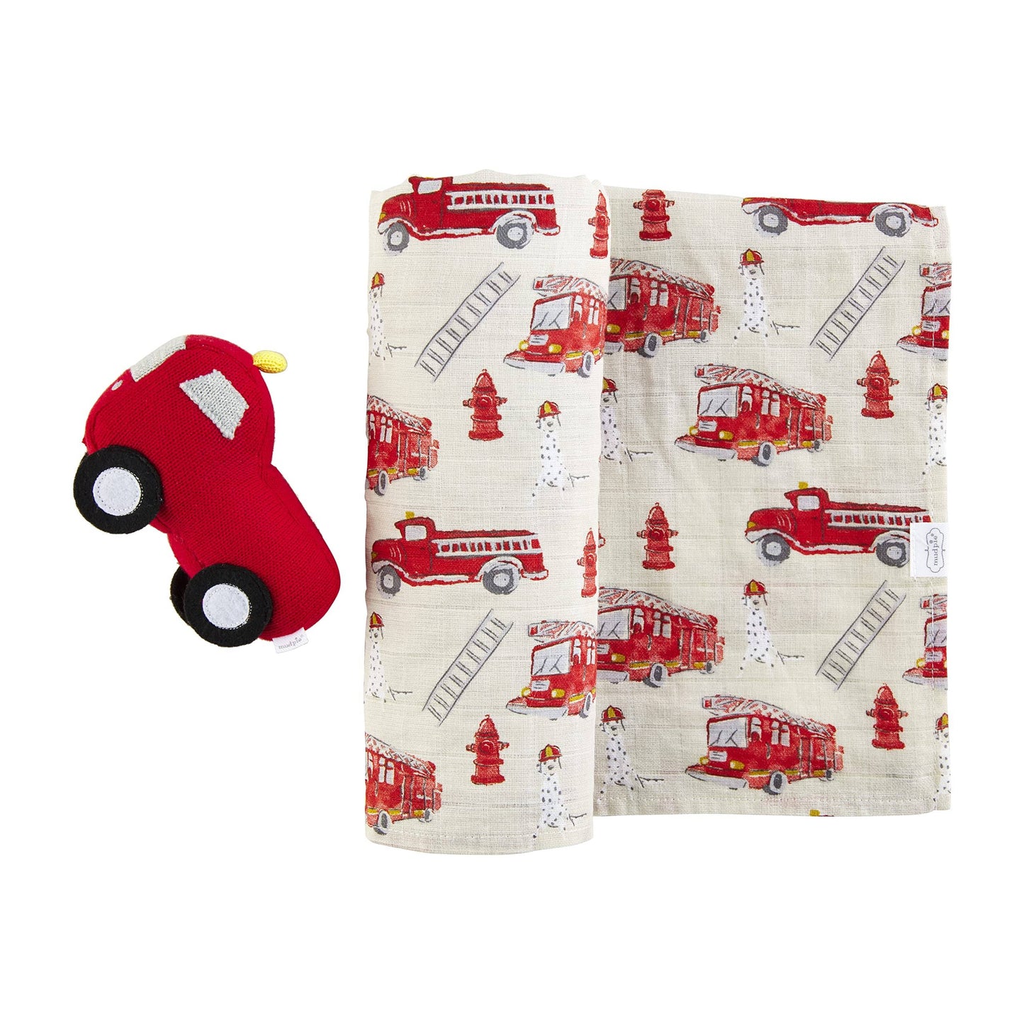 Mudpie Firetruck Cotton Muslin Swaddle with Rattle