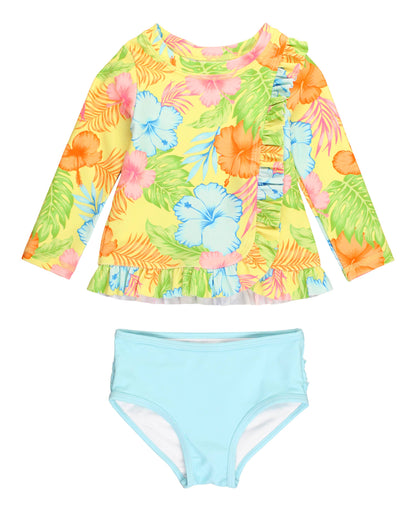 Ruffle Butts Happy Hula Long Sleeve Ruffled Rash Guard 2-Piece Yellow