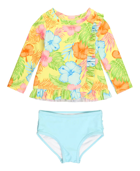 Ruffle Butts Happy Hula Long Sleeve Ruffled Rash Guard 2-Piece Yellow